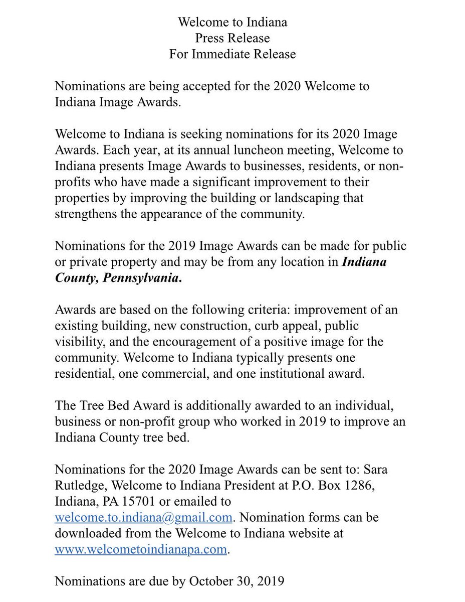 WTIndianaPA's tweet photo. Nominations are being accepted for the 2020 Welcome to
Indiana Image Awards. 🏆🏆🏆 https://t.co/xNod5cRKNp