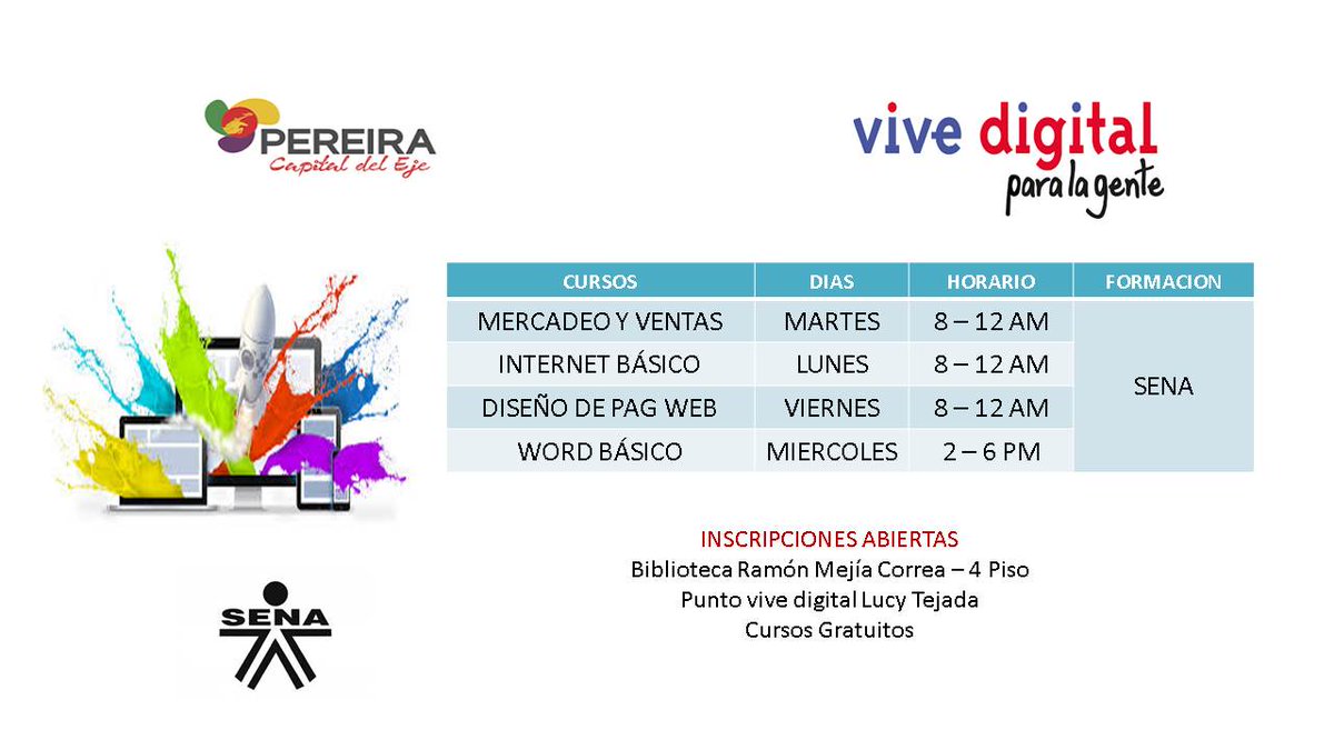 SecTICPereira's tweet photo. Seguimos ofreciendo mas cursos para todas las áreas de conocimiento....no te pierdas esta gran oportunidad.

"Nunca consideres el estudio como una obligación, sino como la oportunidad para entrar en el bello y maravilloso mundo del saber" https://t.co/wBGreXLIey