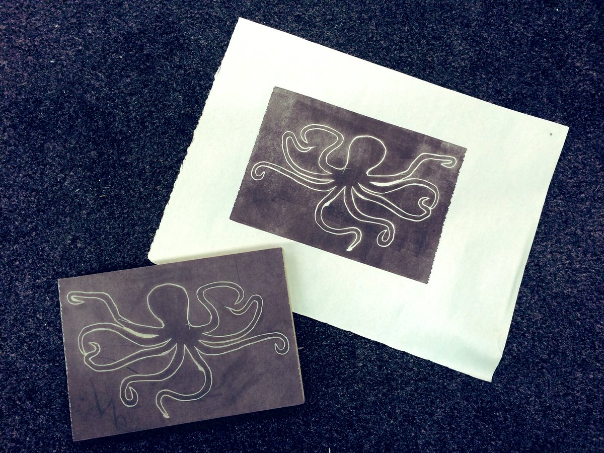 KitSchwinn's tweet photo. Details of the octopus linocut’s development. Nothing better than something that’s both artsy and scientificy. #CephalopodWeek #SquidSquad #STEM #STEAM #linocut #printmaking #handmadebyme #handmadepaper #handmadehour @RCWMuseum @MorganPaper https://t.co/CLC3pstmLF