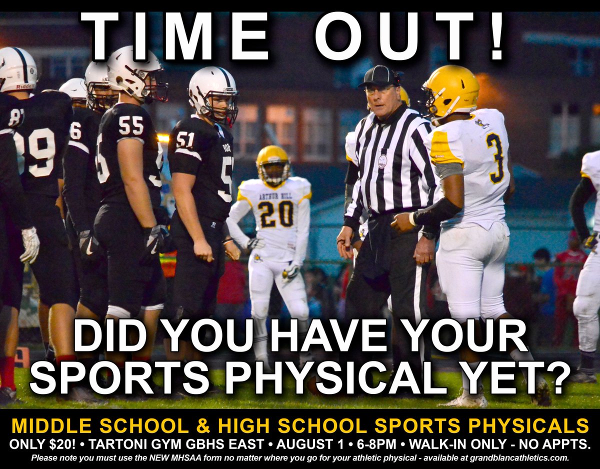 GBCSBobcats's tweet photo. Attention Middle &amp; High-School Athletes! Get your 2019-20 sports physical for only $20 at Tartoni (GBHS East gym) on August 1, 2019! You can't try out without it! #WeAreGB @GrandBlancPride @grandblancath @GBWestMiddle @positivelyEMS @PerryInnovation https://t.co/smHldQz2Y8