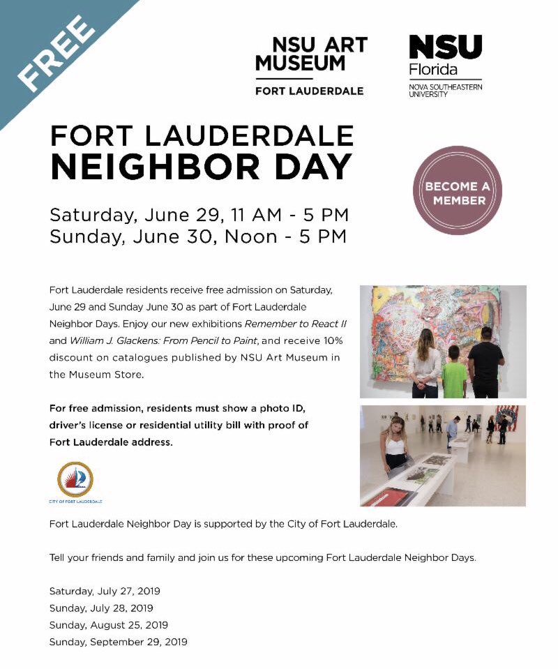 GOShuttleFTL's tweet photo. Have plans for this weekend? ”Fort Lauderdale Neighbor Days” is back at the @nsuartmuseum! Ft. Lauderdale residents may visit the Museum free of charge on the monthly Neighbor Day through Sunday, September 29, 2019. Let us take you to go check out some amazing artwork! #GowithGO https://t.co/Q868CVzKmj
