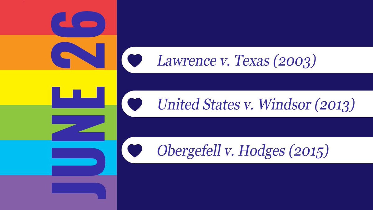 Today is #LGBTQEqualityDay, a day that has seen the Supreme Court hand down three landmark victories:

🏳️‍🌈Decriminalizing Same-Sex Couples
🏳️‍🌈Overturning DOMA
🏳️‍🌈Marriage Equality

Let's remember how far we’ve come and the strides that are left for us to fill #StandUp4HumanRights ✊