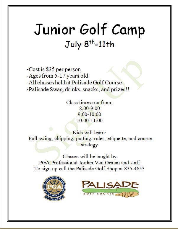 The 2019 Palisade Junior Golf Camp is coming up!! Here is the information. Each participant will get a custom Palisade water bottle as part registration! For additional information or to sign-up your junior golfer please call 435-835-4653 #golfpalisade #juniorgolf #utahpga #UJGA