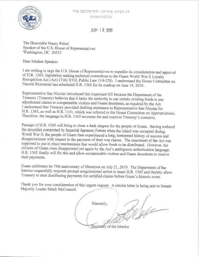 U.S. Department of the Interior endorses passage of H.R. 1365. As H.R. 1365 advances from the Natural Resources Committee, Congressman San Nicolas continues to secure support for its passage. I am deeply grateful for the plain urgency and clear support from the DOI.