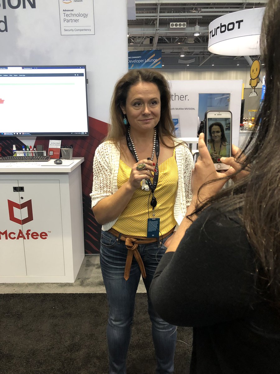 aerives126's tweet photo. Our own cloud guru, Brooke Noelke being interviewed by @awscloud at #reinforce about @McAfee solutions including our recently announced shift left. Video coming soon. #reInforce2019 https://t.co/z2aAzhi2Ar