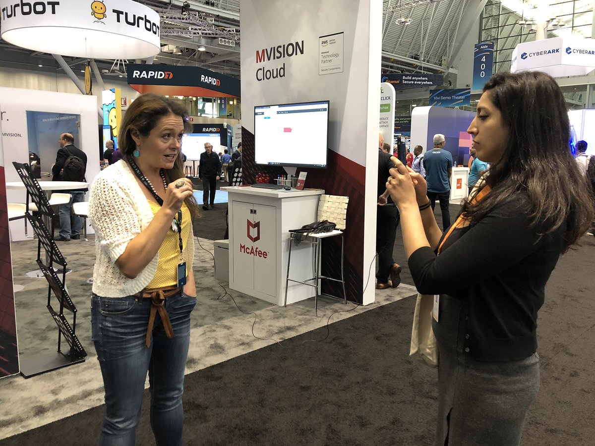 aerives126's tweet photo. Our own cloud guru, Brooke Noelke being interviewed by @awscloud at #reinforce about @McAfee solutions including our recently announced shift left. Video coming soon. #reInforce2019 https://t.co/z2aAzhi2Ar