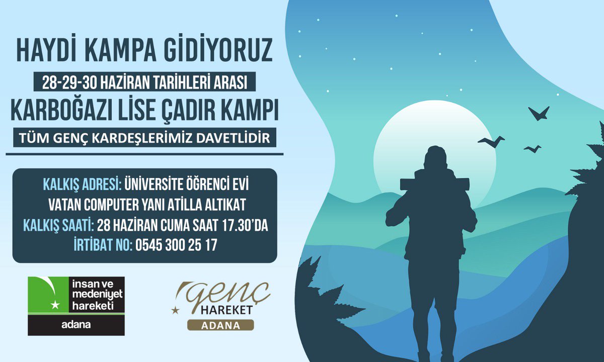 Kampa gidiyoruz!!  
28-29-30 Haziran tarihlerindeki kampımız için yer ayırabilirsiniz, liseli tüm genç kardeşlerimiz davetlidir.