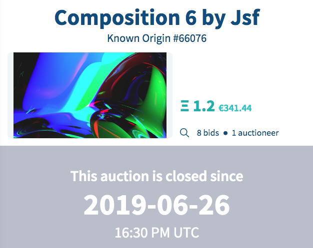 thejaysf's tweet photo. 💥💥💥
Thanks everyone! 
Composition 6 just sold for 1.2 $ETH at the @IdafMcr auction hosted by @auctionity 
#cryptoart #raredigitalart #knownorigin #nft #idaf2019 #auctionity https://t.co/jC8FhF4ChA