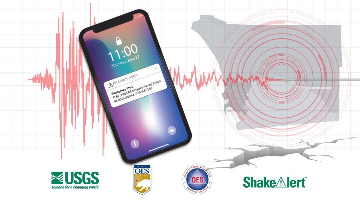 AlertSanDiegoCo's tweet photo. Reminder: ShakeAlert test message coming in at 11 a.m. tomorrow (6/27). This is part of an important test of the Earthquake Early Warning system. @USGS_ShakeAlert @Cal_OES @ReadySanDiego #ShakeAlertSD https://t.co/byzMJdZFZR https://t.co/MunE68rpUq