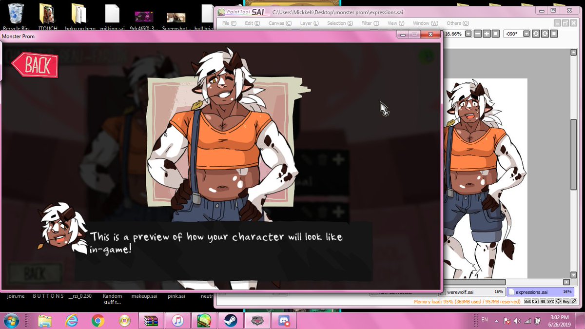 Junjomonstah's tweet image. So far so good! My caveman self is baby stepping into these waters~ might have to resize Beau a bit smaller if he&apos;s too massive next to other characters but today I&apos;m focusing on getting all his sprite art uploaded! EXCITEMENT ✨😤#monsterprom #modtool