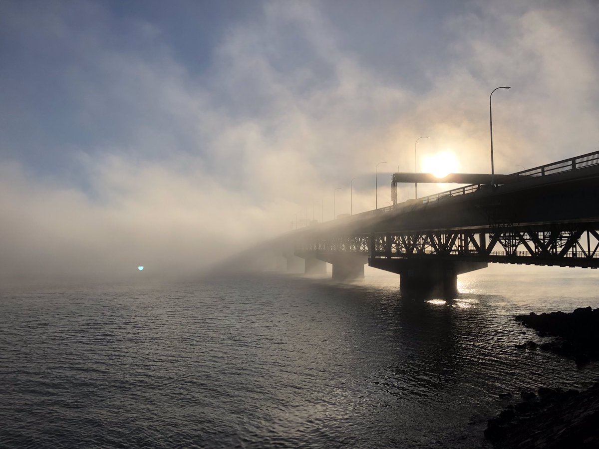 MFATinAuckland's tweet photo. AUCKLAND ICON: Spanning over 1000m, the Auckland Habour Bridge disappeared into the fog this morning☀️ 🌫  1959: 11k cars crossed the bridge daily. 2019: it’s up to 200k. Happy belated 60th bday to this icon of #Auckland 🎊 What will you carry across the Waitematā in the next 60? https://t.co/rYhSIIKOgJ