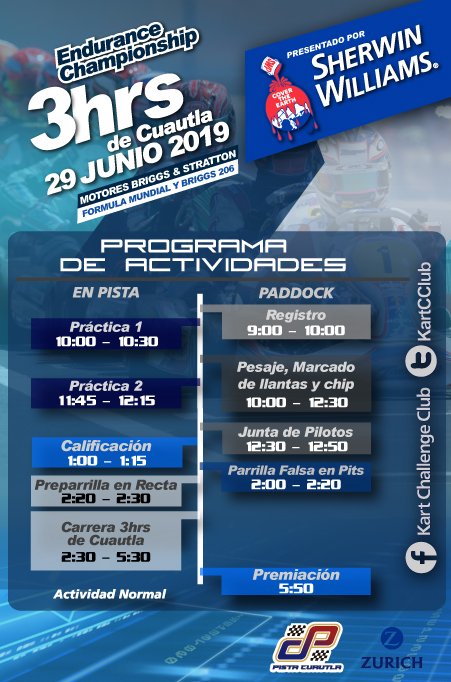 KartCClub's tweet photo. Les dejamos el programa de las 3 hrs. de Cuautla presentadas por Sherwin Williams.

#PistaCuautla #3HrsCuautla #FórmulaMundial #Briggs206 #KartingMéxico @SWautomotiveMX https://t.co/7bJd6wPPhj