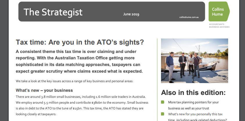 CollinsHume's tweet photo. Get on the front foot with @CollinsHume at #taxtime by planning to #minimisetax by 30 June. With the focus on tax we cover: Are you in the ATO's sites | Planning pointers for #businesstax | What's new for #personaltax | Catching up #supercontributions https://t.co/s3QoHzvtcw https://t.co/h6pZIYsApt