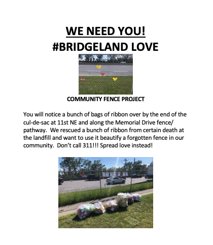 mcmillan_ali's tweet photo. CALLING ALL BRIDGELANDERS!  Do we have a project for you!  Show this unloved fence some #bridgelandlove . Participate at your leisure but you need to make a LOT of ribbon hearts! ;) @BRCAssociation https://t.co/OBReDl0vwD