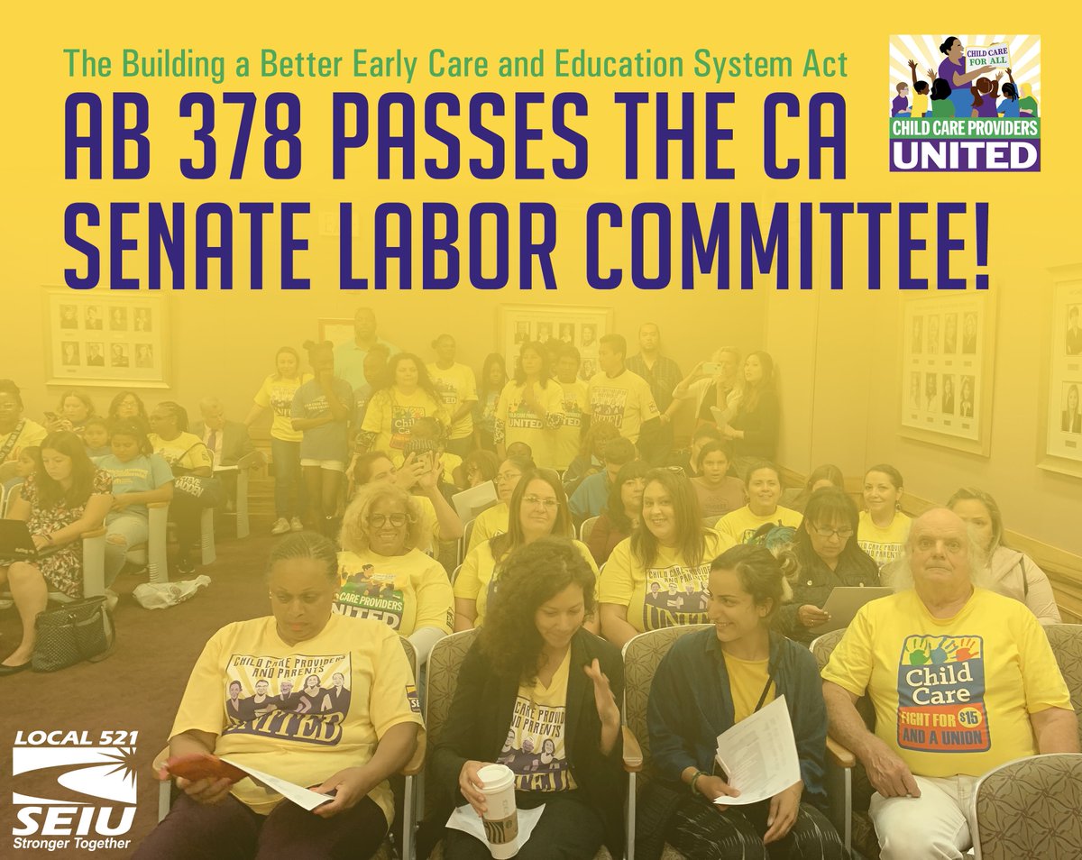 SEIU521's tweet image. California Family Child Care Providers stood up for our bill #AB378, by @AsmMoniqueLimon, and thanks to votes by @HollyJMitchell @SenHannahBeth,@DrPanMD and chairman Senator Jerry Hill, it is now headed to the Senate Judiciary. #ChildCareForAll #UnionsForAll