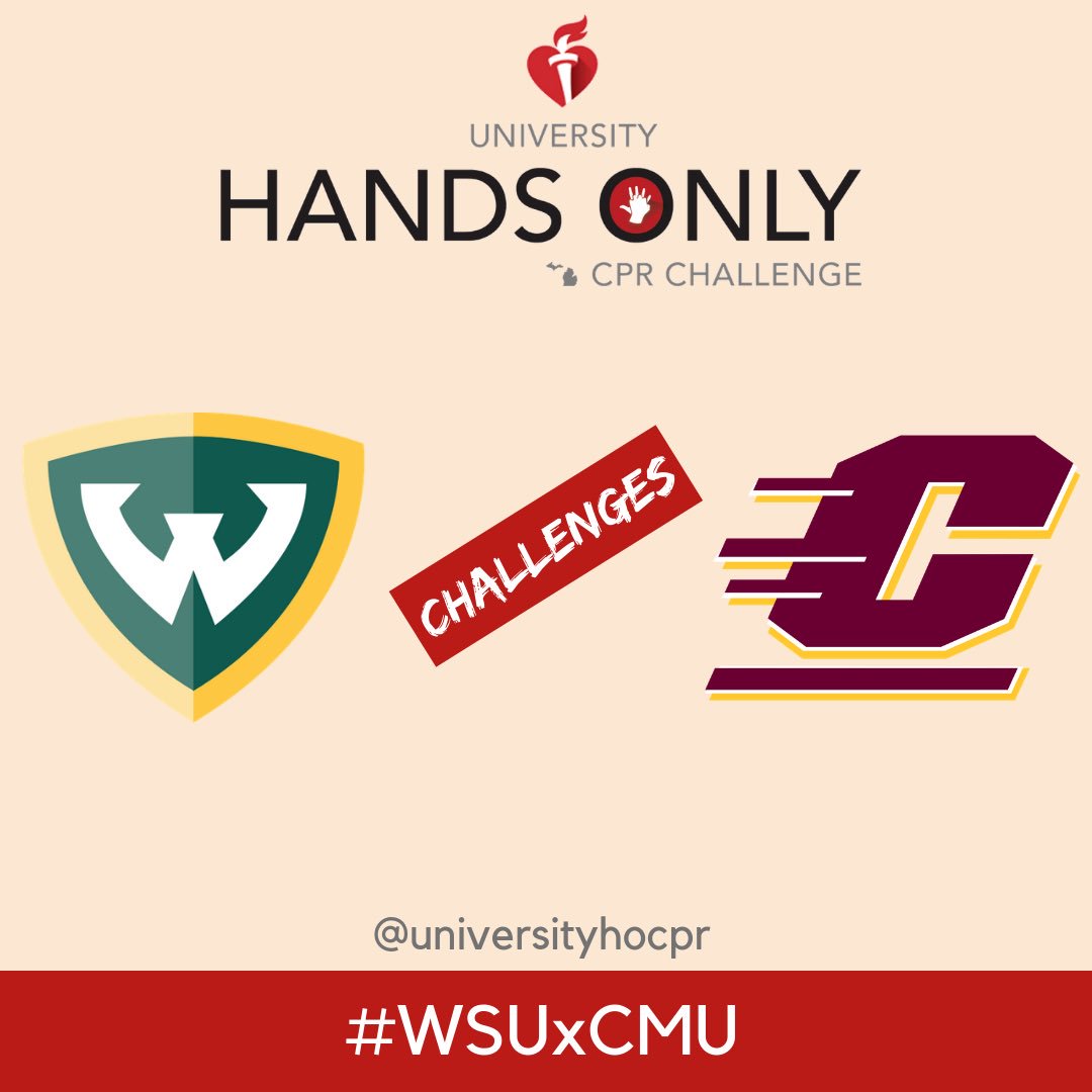 universityHOCPR's tweet photo. @waynestate challenges @CMUniversity to the University Hands-Only CPR Challenge! Can these Chips get fired up for CPR? #CPR #hocprchallenge #WSUxCMU #stayinalive https://t.co/Ar492SoFCm