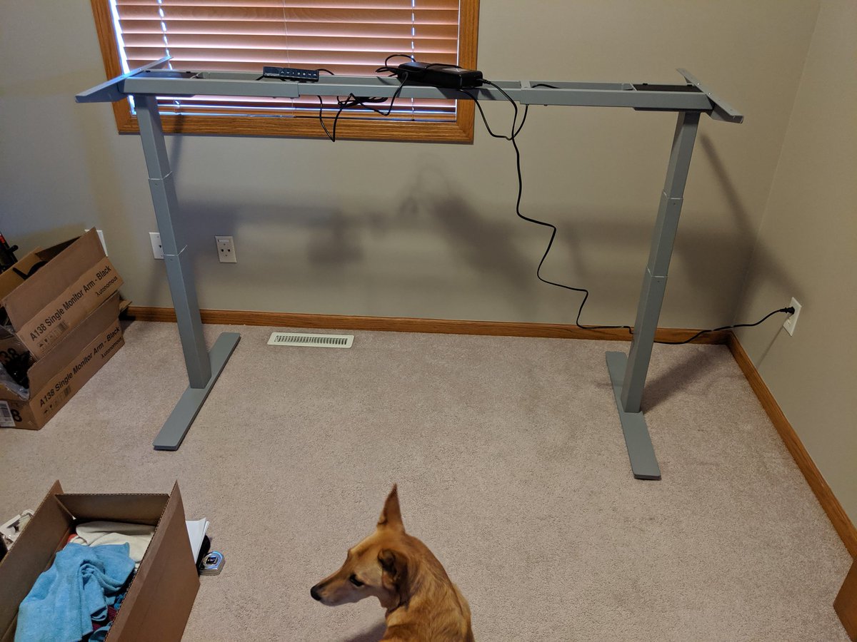 evancjensen's tweet image. Got my @autonomousdotai desk legs put together. @JojoBear_13 for cuteness! Now just to stain the 72&quot; x 36&quot; butcher block top that I got from @Menards