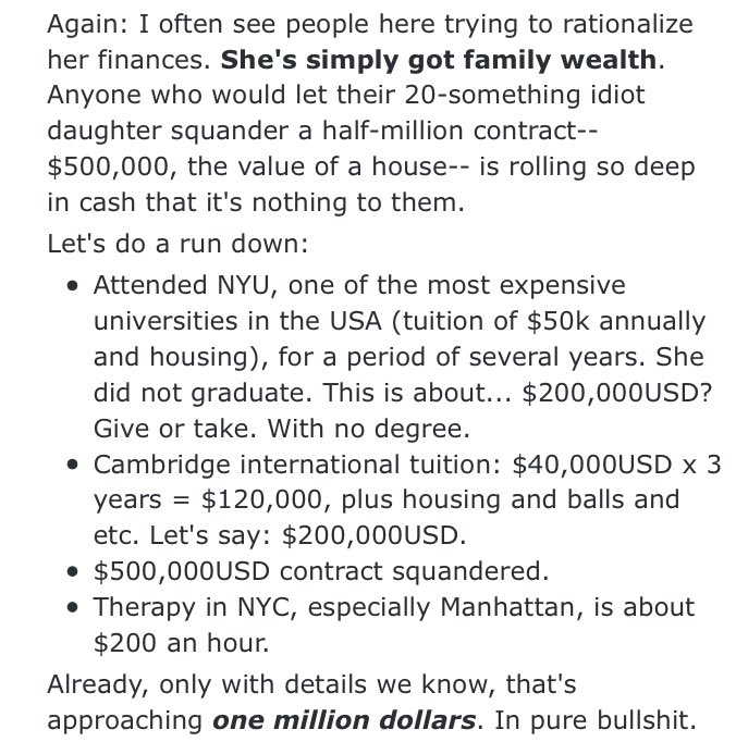 HOWEVER, I also subscribe to the theories that caroline has never been actually poor to begin with and she probably got cut off on “extra” money. rent was probably never an issue for her because her family is RICH having spent easily a million on her in the past decade