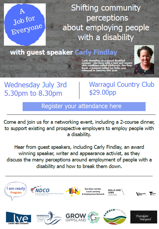 "A Job for Everyone" - an event aimed at shifting community perceptions about employing people with a disability - is being held in Warragul next Wed July 3.

Find out more &amp; book: bit.ly/2NgHANe