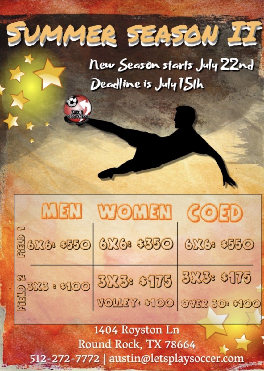 AustinAISC's tweet image. Deadline to register for next season is July 15 and the season begins on July 22. Call, email, or do it online! You can also visit us at our facility for any questions or concerns.