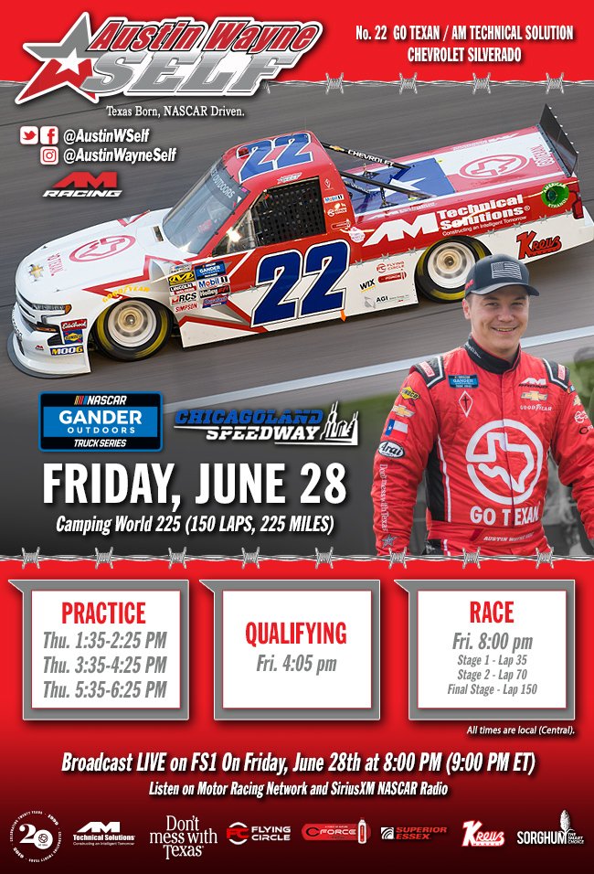 It's a busy day for me <a href="/ChicagolndSpdwy/">Chicagoland Speedway</a> with the <a href="/ARCA_Racing/">ARCA Menards Series</a> car with <a href="/WinTronRacing/">Win-Tron Racing</a> but excited to get some practice laps in our <a href="/GOTEXAN/">GOTEXAN</a> - <a href="/AMTechSol/">AMTechnicalSolutions</a> Chevrolet later today with the <a href="/AMRacingNASCAR/">AM Racing</a> guys!