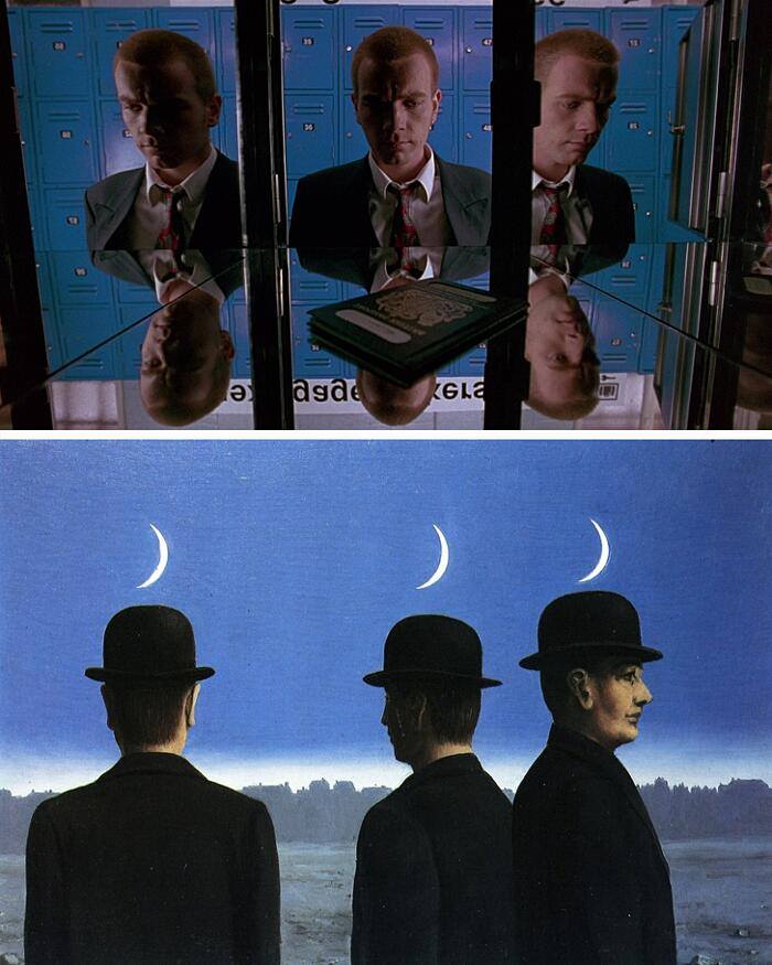 Movie still from Trainspotting and Magritte painting of a man