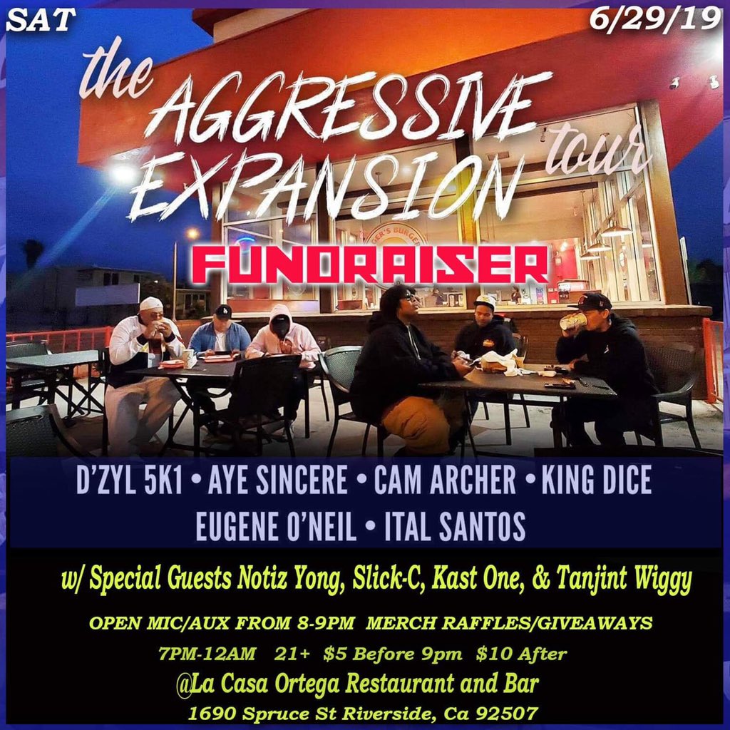 Jynxx909's tweet photo. This Saturday! Come and check “The Aggressive Expansion Tour” in Riverside! Performances by @CamArcher @KingDiceSays @Dzyl5k1  @Eugene_ONeil_ @THEREALSLICKC @NotizYONG @shadykast and MORE! 🔥🔥🔥🔥💯 https://t.co/1EWDiHygb0