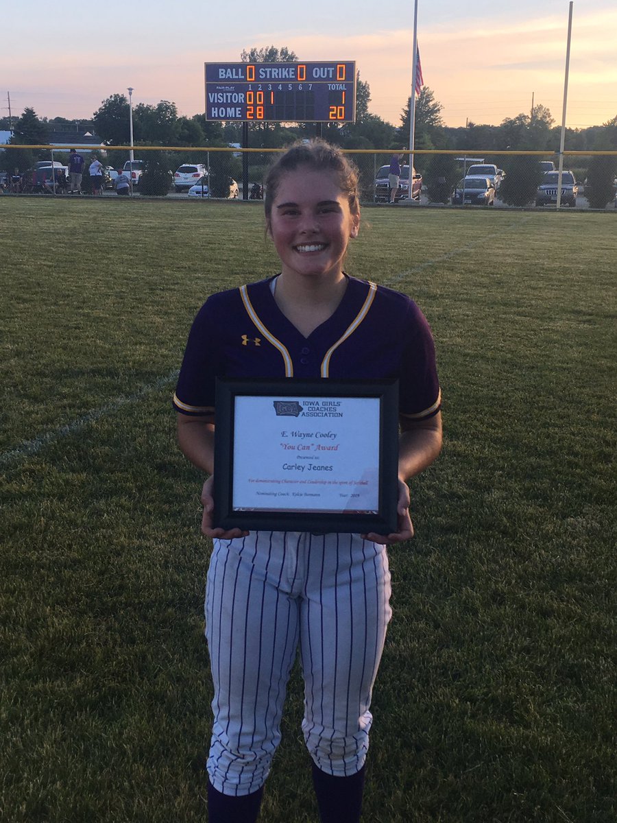Congrats, <a href="/CarleyJeanes/">Carley Jeanes</a>! For receiving the E. Wayne Cooley “You Can” award! This award recognizes inspirational Iowa Girls Athletes who show elements of good character. Well Deserved #10 🥎