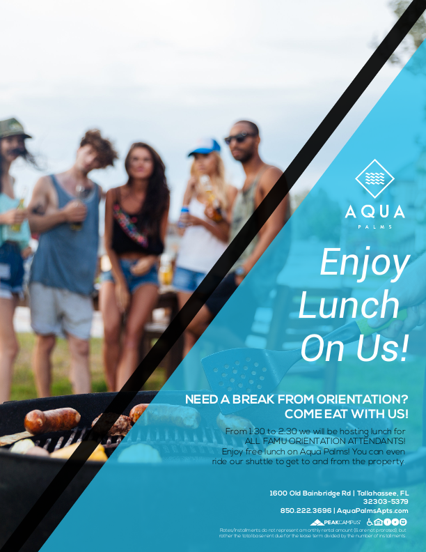 AquaPalms's tweet photo. Today is the last day to have lunch with the Aqua Squad! If you're going to FAMU Orientation, COME ENJOY FREE LUNCH! https://t.co/nKlgRTpZmB