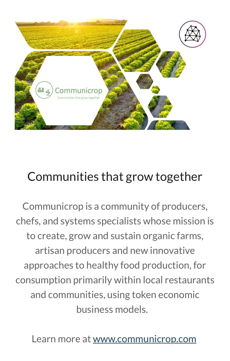 Tokonomics's tweet image. #Project1 Communicrop is a community of producers, chefs, and systems specialists whose mission is to create, grow and sustain organic farms, artisan producers and new innovative approaches to healthy food production #organic #producers #chef #systems #tokonomics #tokonv