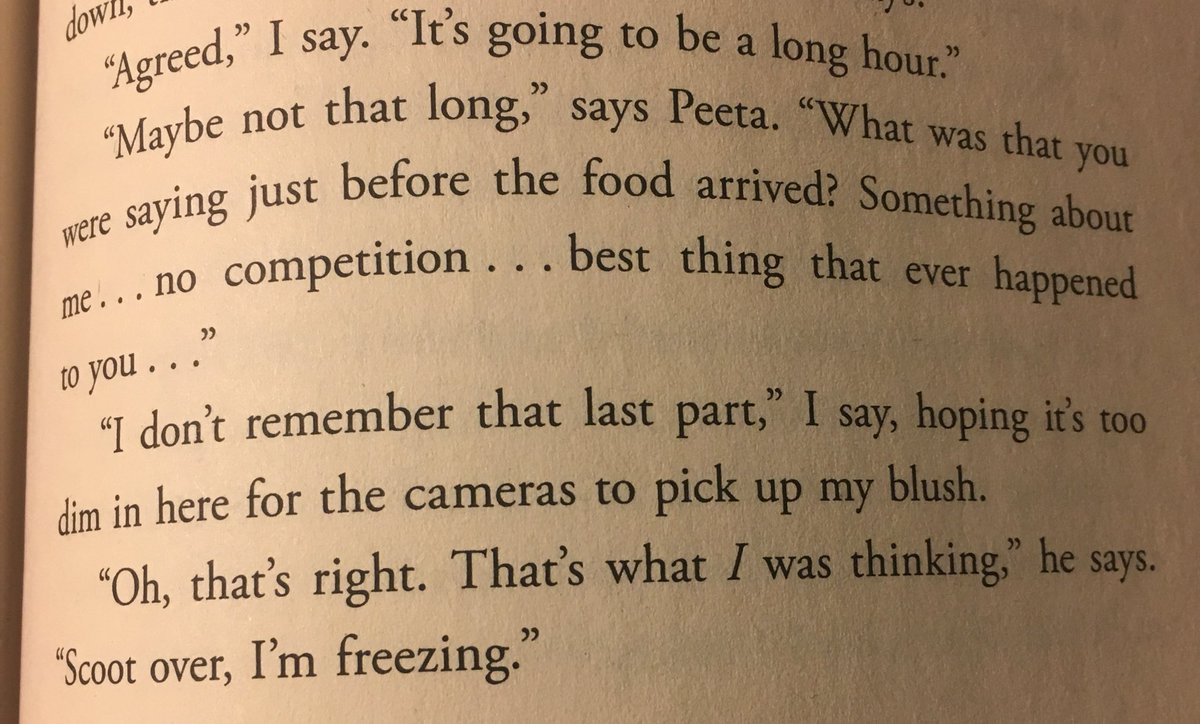 Interesting tidbit here with Peeta putting words in Katniss’s mouth. She doesn’t react other than to blush (and hope the cameras can’t see it) but this strikes me as an odd crossing of a line uncharacteristic of Peeta  #TheAspecGames