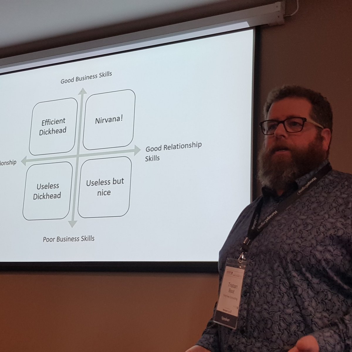 Ch_De_Boeck's tweet photo. @TristanNZ chosing his words wisely in his presentation on #BRM at #itSMFnz19 #businessrelationshipmgt @itSMFnz https://t.co/zZ1BKyWphm