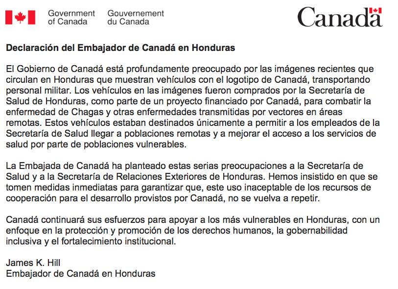EmbCanCRHNNI's tweet photo. Declaración del Embajador de #Canadá en #Honduras sobre las imágenes recientes que circulan en Honduras, que muestran vehículos con el logotipo de Canadá transportando personal militar. https://t.co/HTs4KqWjcX