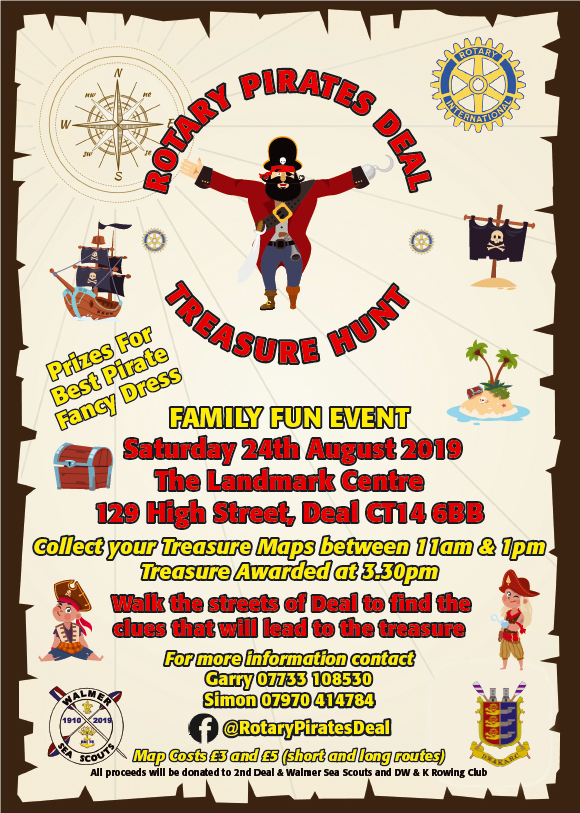 We have two Chamber members on the Deal Rotary Treasure Hunt organising committee, and are totally behind what they are doing. Lets spread the word &amp; have hundreds of Pirates walking the streets of Deal on Sat Aug 24th.  <a href="/Ladeda_Boutique/">La De Da Boutique</a> <a href="/Elliceswish/">Ellice’s Wish To Walk</a> <a href="/TowerPrintKent/">Tower Design & Print</a> <a href="/deal_withit/">DealWithIT</a>