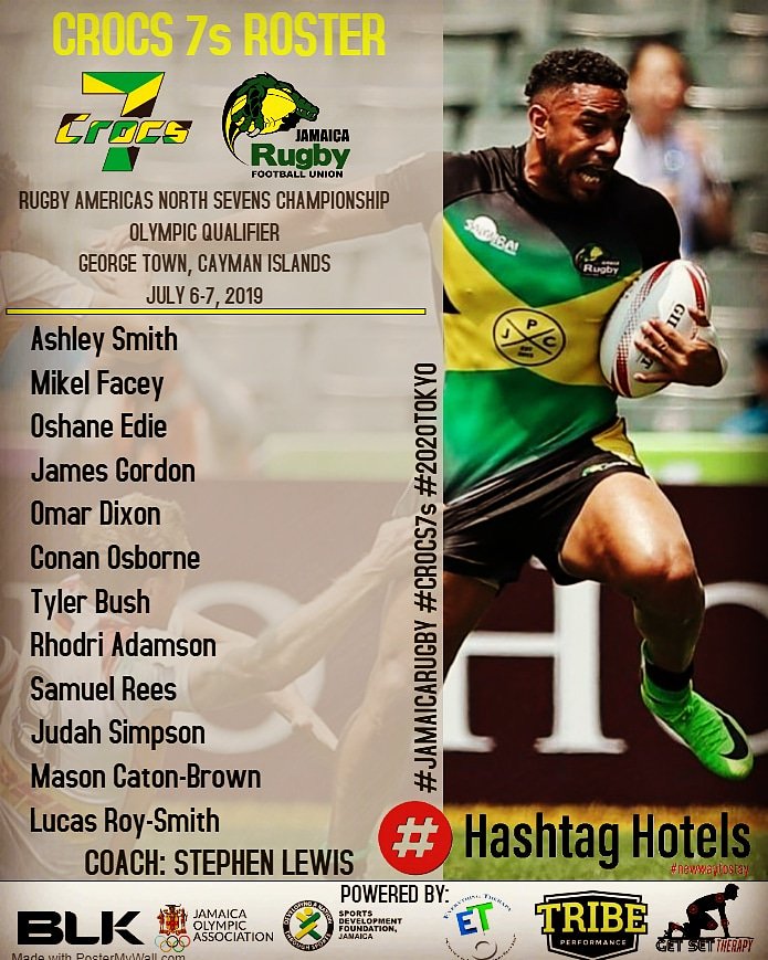 Jamaica_Rugby's tweet photo. JAMAICA RUGBY FOOTBALL UNION–PRESS RELEASE–JUNE 27, 2019

The JRFU has announced its Men’s 7’s squad for the Olympic qualification tournament to be held in Grand Cayman on July 6-7, 2019. The winners will qualify for the Olympics. @lizardrugby @TeamJA876 @RugbyAmericasN #Crocs7s https://t.co/KfBh4CUMYT