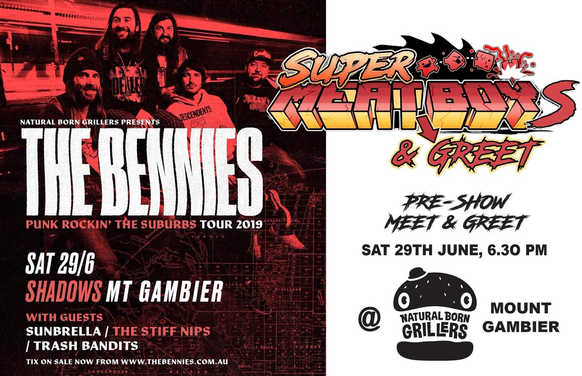Before our show on Saturday in mount Gambier we are gonna go have a grub at a burger joint that is named after our album 'natural born chillers'. 
Come down and suss some buns and have a yarn and we can sign some shyte. 
Tickets still available to the show!
Can't wait!!!