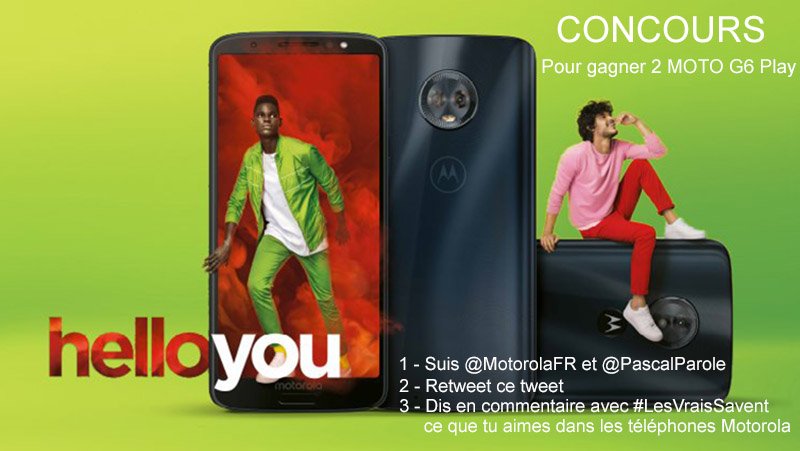 pascalparole's tweet photo. #CONCOURS 🎁 
Pour gagner 2 Moto G6 Play 📱
RT + FOLLOW @MotorolaFR &amp; @pascalparole
Dis en commentaire avec #LesVraisSavent 
ce que tu ❤️ dans les téléphones Motorola
Plus de chance🤞
https://t.co/r2m9JRJSxg https://t.co/EE6JWdtIEy