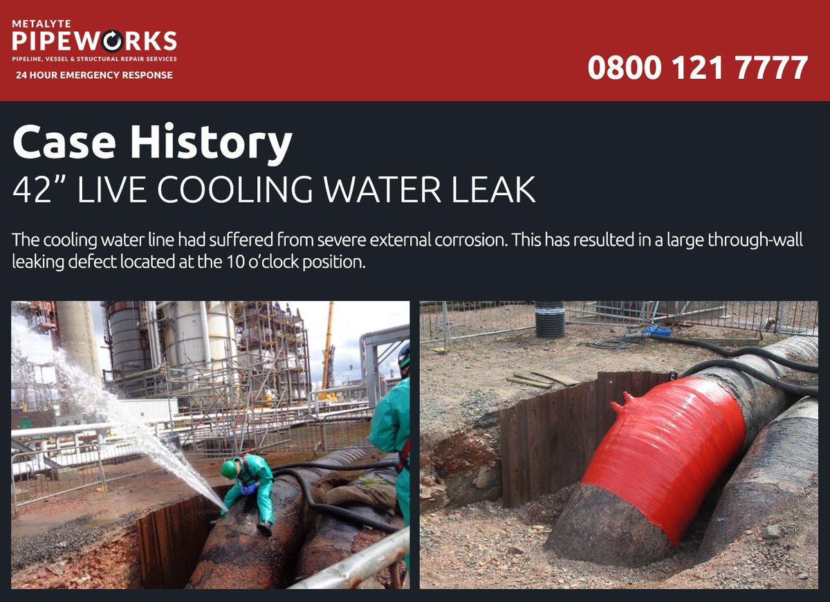 MetPipeworks's tweet photo. NEW CASE HISTORY: A live repair to a 42 Inch cooling water line. Once the team had positioned diverts over the leak they were able to apply Titan 505 and a fully engineered composite repair was applied. More details: https://t.co/9h0GTsvXGN https://t.co/EOwJ9jmfDX