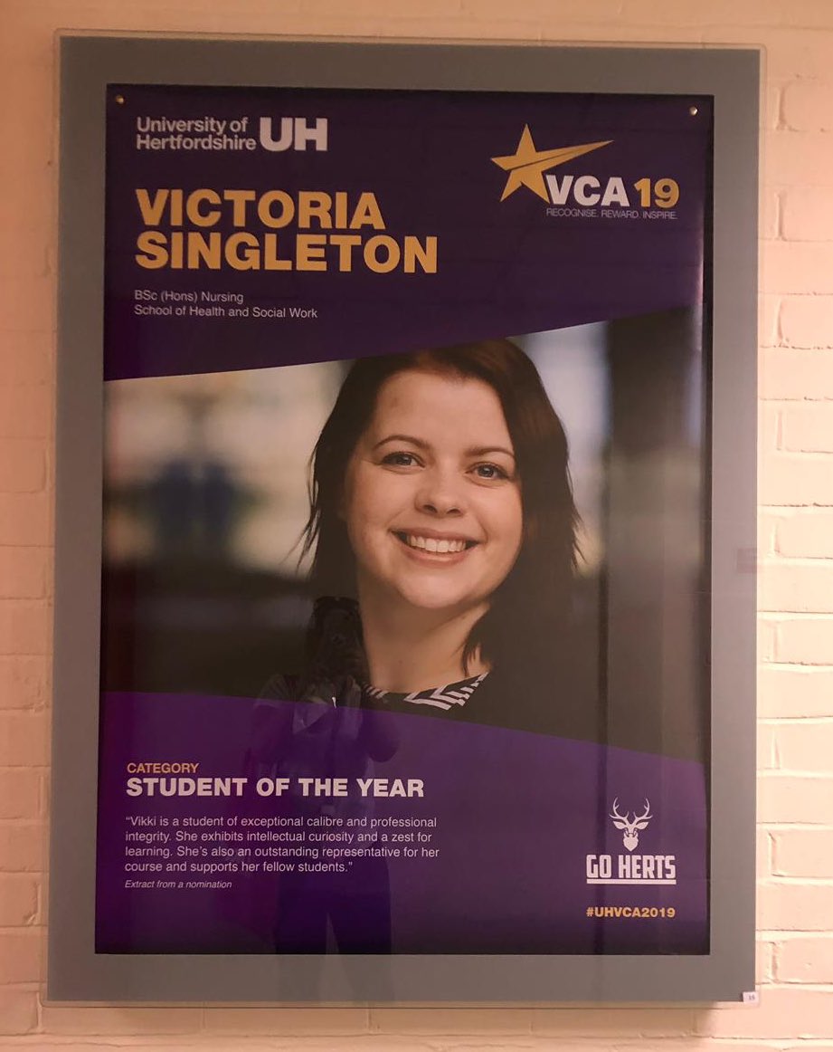 Vikki_JS's tweet photo. Year 3 has been tougher than I ever thought, with 5 weeks of sign off to go I am excited for a night off to celebrate being a finalist for @UniofHerts VC awards #UHVCA2019 #hardworkpaysoff #studentnurse #childrensnursing #150Leaders #countdowntoqualification https://t.co/qVr6HOaB22