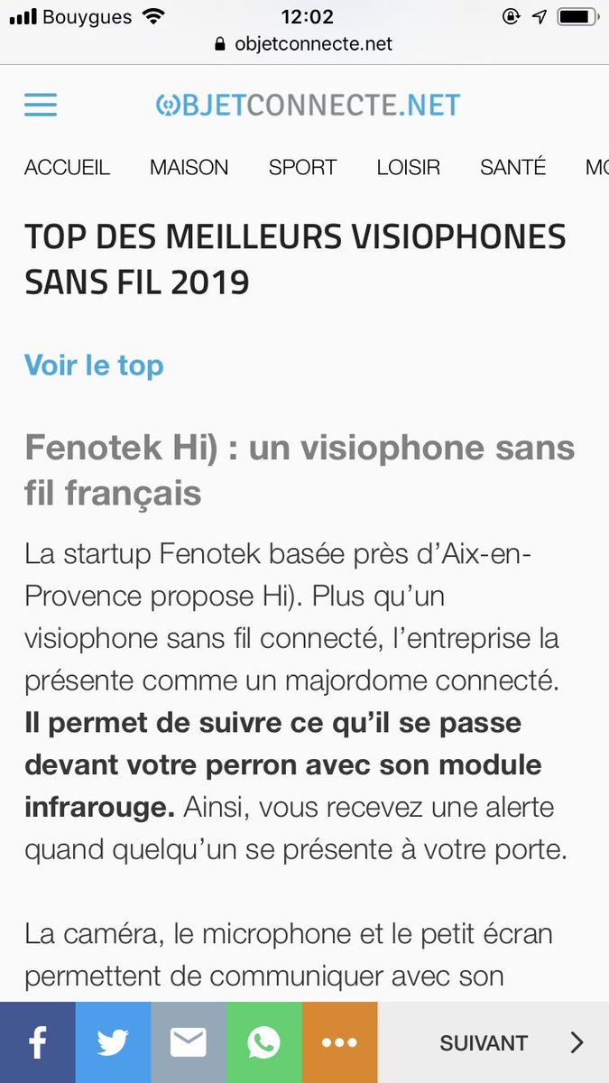 <a href="/Fenotek/">Fenotek</a> est numéro 1 des visiophones connectés pour le magazine @objetconnecte01 ! #portier #smarthome #domotique #alarme #securite =>   objetconnecte.net/comparatifs/vi…