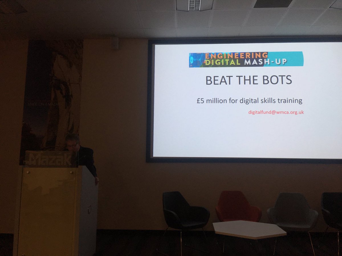WRStirling's tweet photo. Beat the Bots = 1 in 4 vacancies in West Midlands are classed as hard to fill. Need to supply jobs that are needed not ones that sound attractive to study but don’t have the vacancies @DigitalMash #dmu19 #ukmfg https://t.co/1zk6DpIT00