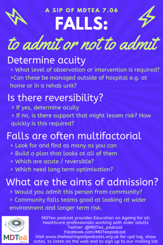 Listen to MDTea Podcast (MDT Education on Ageing) 'S7 E6 - Falls: To Admit Or Not To Admit? at buzzsprout.com/54305/1051255
Causes of falls which may require admission from community & the approach to decision making @kfy98 @AshStPetersLibs #SharedLearning #BusyClinicians #MDTeaClub