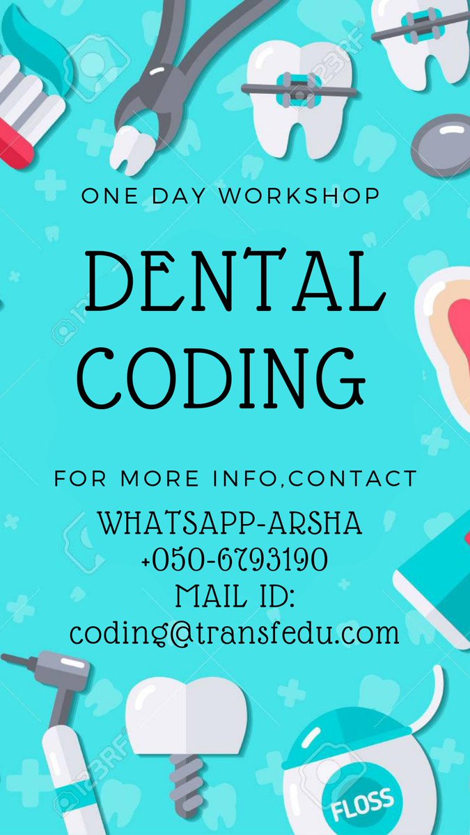 Transfo67394198's tweet image. 1 Day workshop on Dental Coding on 23 August.
We do corporate training on request.
For more information, contact Arsha on WhatsApp -+050-6793190 or mail us at coding@transfedu.com or call us at +97143433165
#dentalcoding #cdt #cpc #icd #cdt #hcpcs #dentistsuae #Dentist #doctor