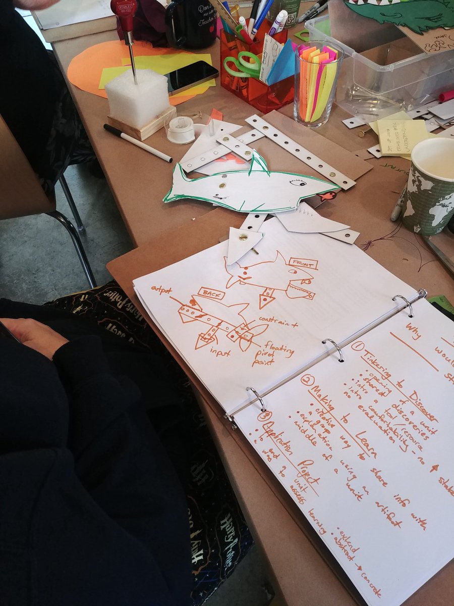 doramedrano777's tweet photo. #MakerEdInstitute participants jumped into a review of ratios + explored how pivot points change the ratio relationship between their linkage input & output. Then they had to work with a partner to create a linkage creature that represents themselves using ratios #makered #mathed https://t.co/5EFJh4CvDD