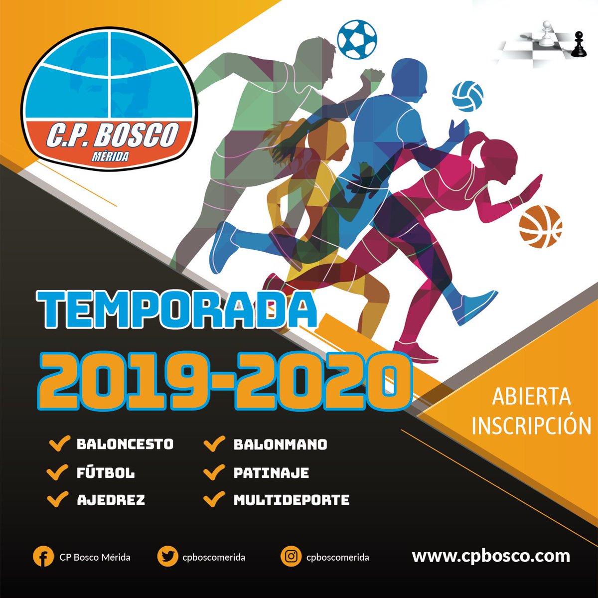 CPBoscoMerida's tweet photo. INSCRIPCIONES PARA LA TEMPORADA 2019/2020
#MultiDxt #Ajedrez #MBasket #Bcsto #Bmno #Fútbol #Patinaje
Inscripciones online en nuestra web
https://t.co/d6bKWbf1xb
¡¡Anímate!!
@CPBoscoMerida @SalesianoMerida @AmpaMeridaSales @ayto_merida @MeridaDeportes2 @DeportesMerida https://t.co/W69jDcrofi