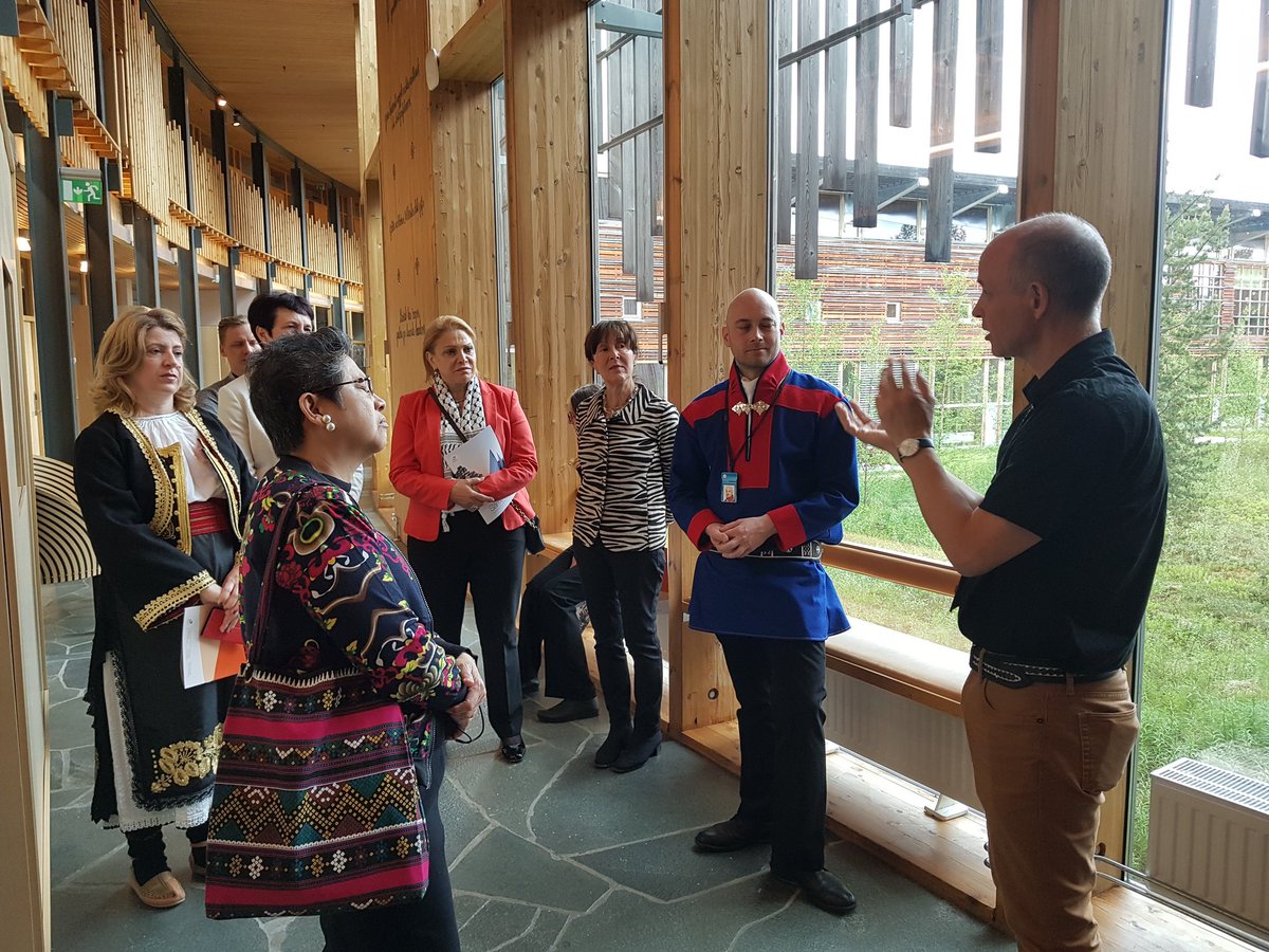 IwonaWZ's tweet photo. A great meeting of #FemaleAmbassadorsinOslo with the #Sami #Parliament - such a warmth welcome in The #HighNorth of 🇳🇴 in a stunning building shaped as a #lavvo ! https://t.co/bpjou92Gnp