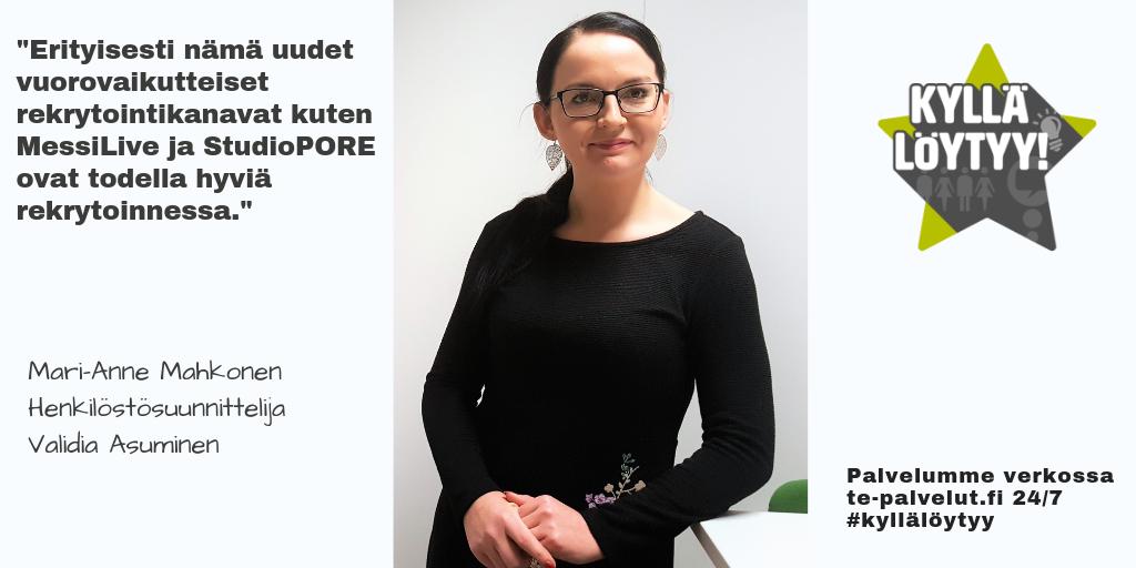 tyomarkkinatori's tweet photo. Perinteisten rekrytointipalvelujen lisäksi #TEpalvelut tarjoaa #yrittäjä'lle uudenlaisia rekrytointikonsepteja uusien osaajien etsimiseen. #StudioPORE'n ja @MessiLiveFi livelähetyksissä työnantajat tavoittavat suuria määriä työnhakijoita kerralla. #kyllälöytyy #rekry #työllisyys https://t.co/obL046MPum