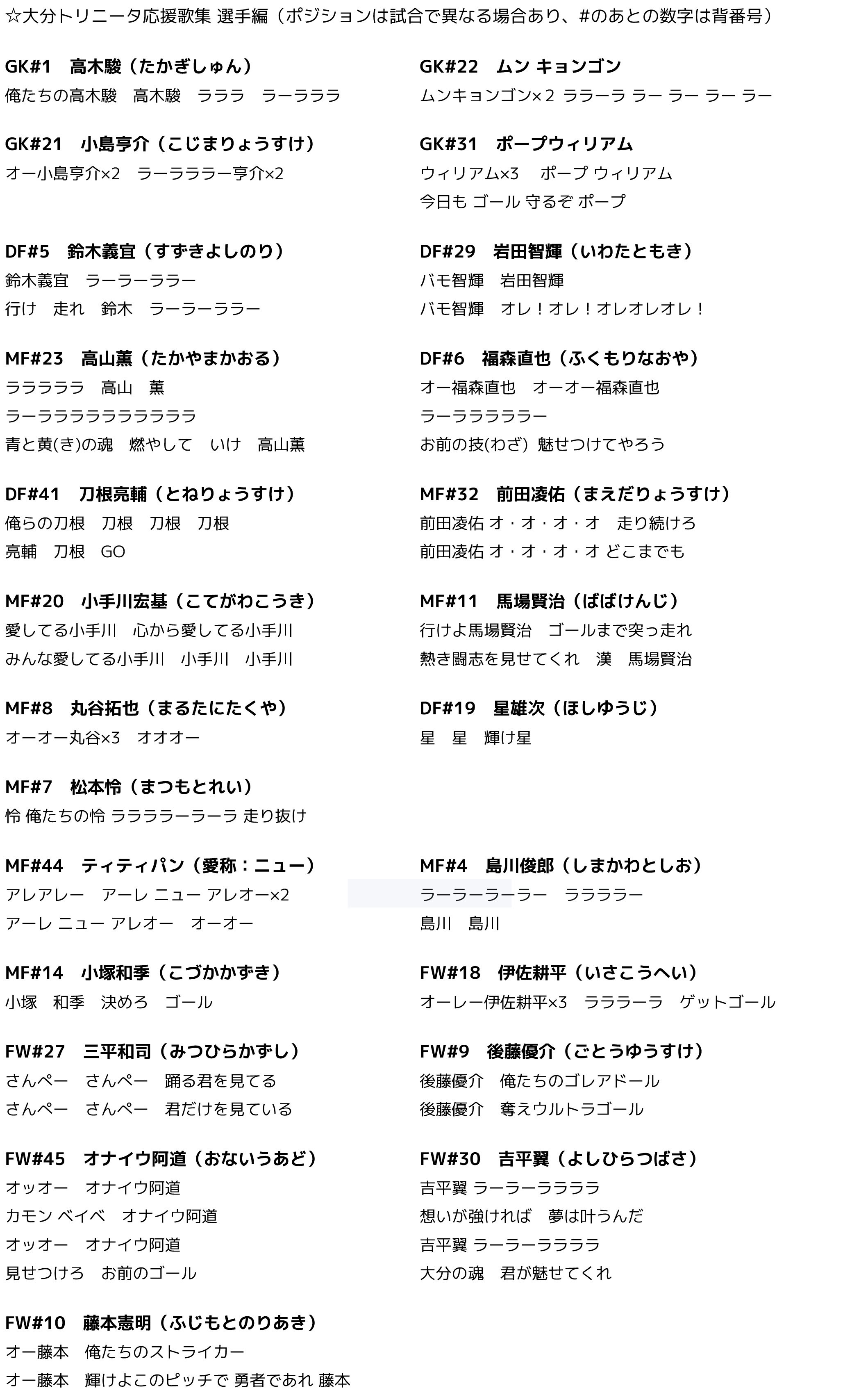 えのきず 19年チャント集 6 27現在 選手 チームチャント Trinita 大分トリニータ トリニータチャント T Co Iewvc5ldgz Twitter