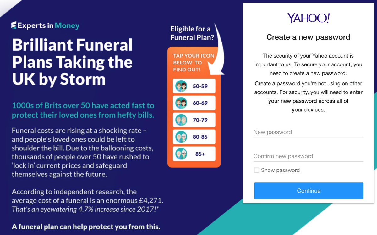helpnetsecurity's tweet image. Apparently @Yahoo believes it’s a good idea to advertise a funeral plan while you’re changing your password 🤷‍♂️ Does that mean I need one if I use Yahoo! Mail? #fail