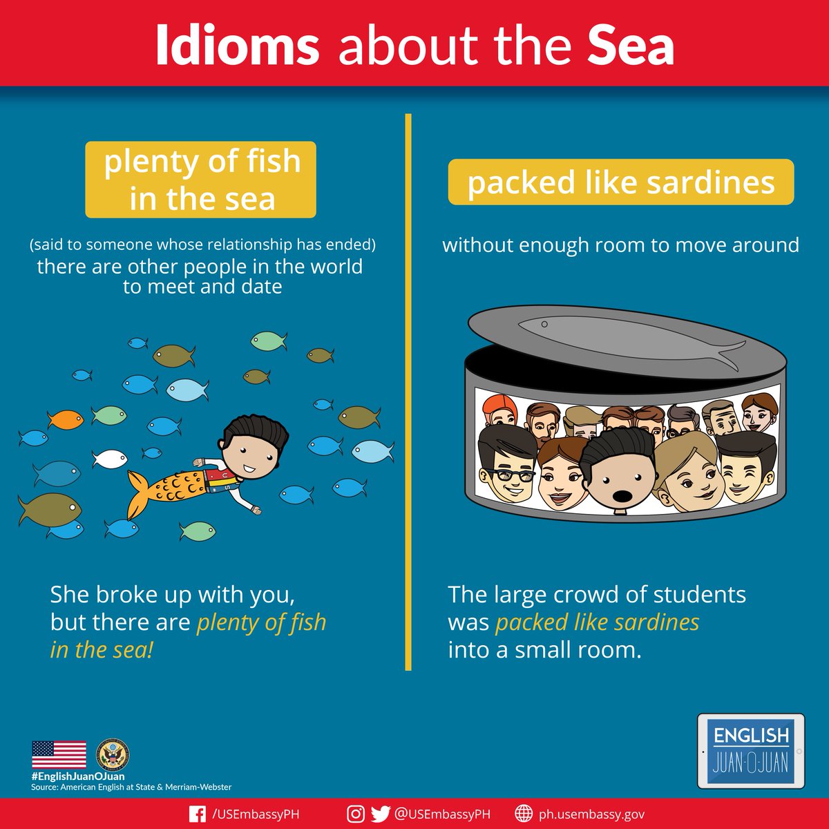 Has a friend ever told you that there are plenty of fish in the sea after a break up? Since it’s #OceanMonth, let’s learn these idioms about the sea in #EnglishJuanOJuan! #AmericanEnglish